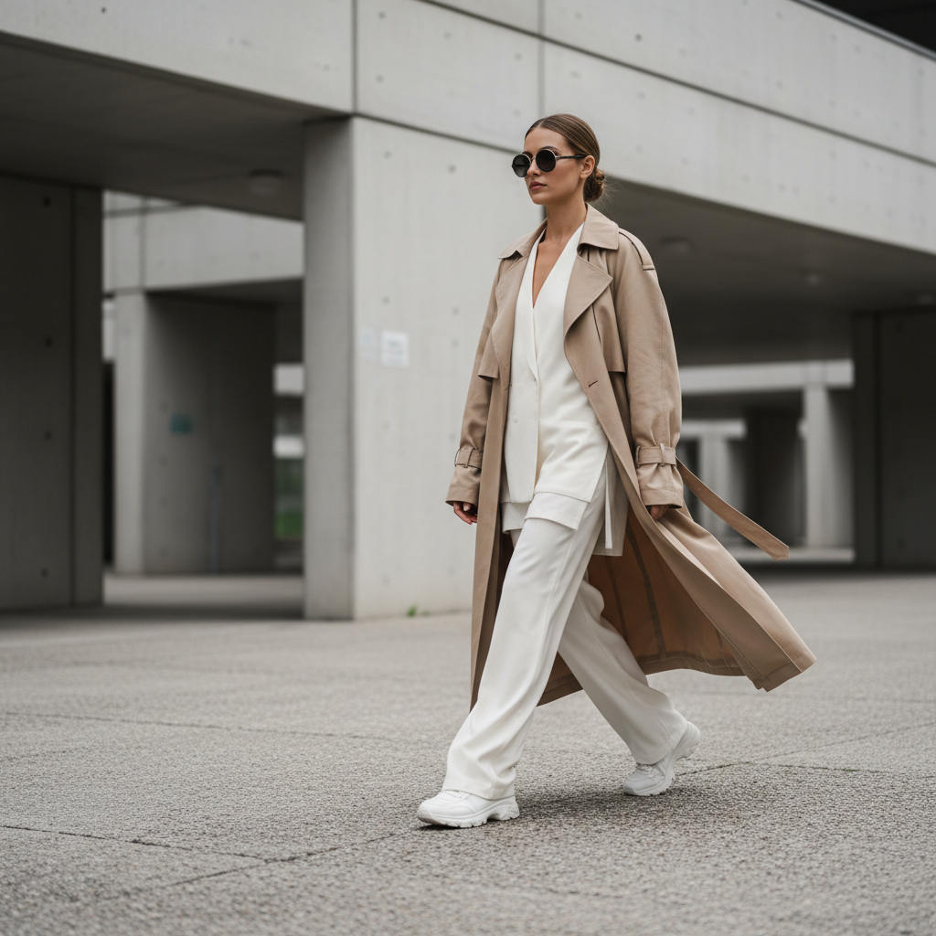 Woman in beige trench coat